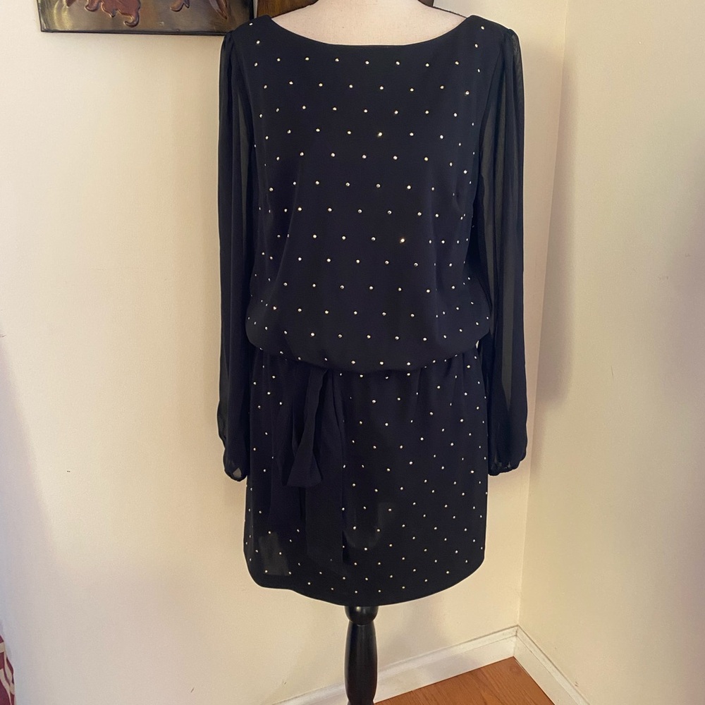 White House Black Market, black mini dress, Gold beads studs sheer Long sleeves.